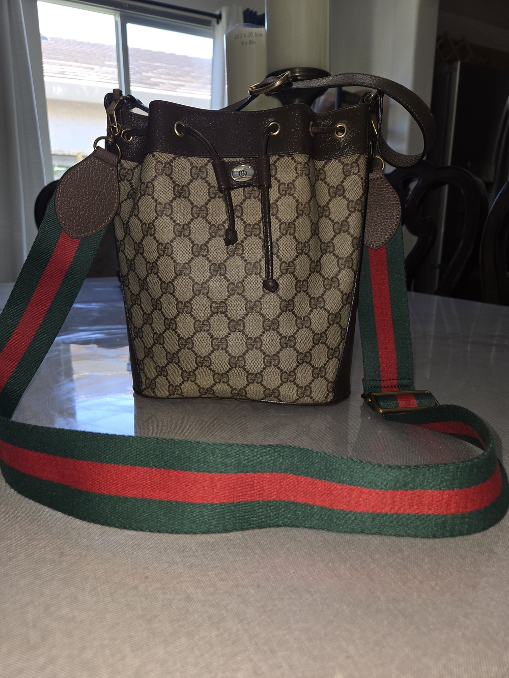 Gucci Beige GG Supreme Canvas Bucket Bag with Brown Trim and Green-Red Web Strap - Picture 4 of 7